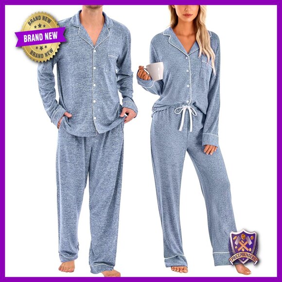 Large Long Sleeve Button Down Pajama Set Soft Polyester Spandex Loungewear